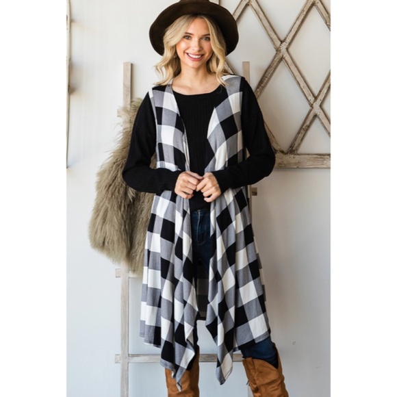 Jackets & Blazers - SOLD OUT Off White Black Checkered Buffalo Plaid Printed Sleeveless Waterfall